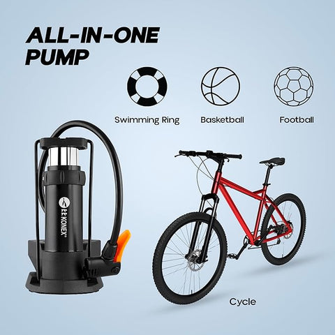 Konex High-Pressure Foot Air Pump with Meter for Bicycle, Bike, Car Tires, Football, Basketball, and Other Inflatable Sports Equipment &amp; Balls (Black)