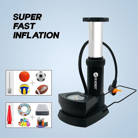Konex High-Pressure Foot Air Pump with Meter for Bicycle, Bike, Car Tires, Football, Basketball, and Other Inflatable Sports Equipment &amp; Balls (Black)